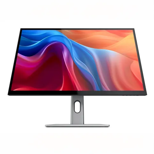 27" skjerm med tynn, svart ramme på sølvfarget stativ med ovalt hull, lett vinklet mot hvit bakgrunn og med fargerikt bilde.