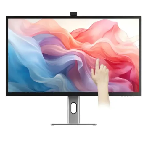 Écran tactile 4K ALOGIC Clarity Max de 32 pouces avec webcam montée sur le dessus et pied argenté