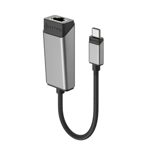 USB-C till RJ45-adapter i metallgrått från Alogic, kort flätad kabel, USB‑C-kontakt och Ethernetport frilagd på vit bakgrund.