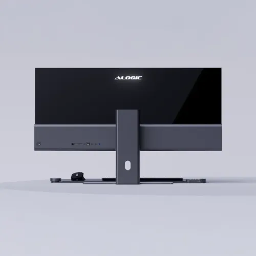 Alogic EDGE 34" ultra-wide rear view monitor with central stand, logo and left-sided ports, in dark gray on desktop.