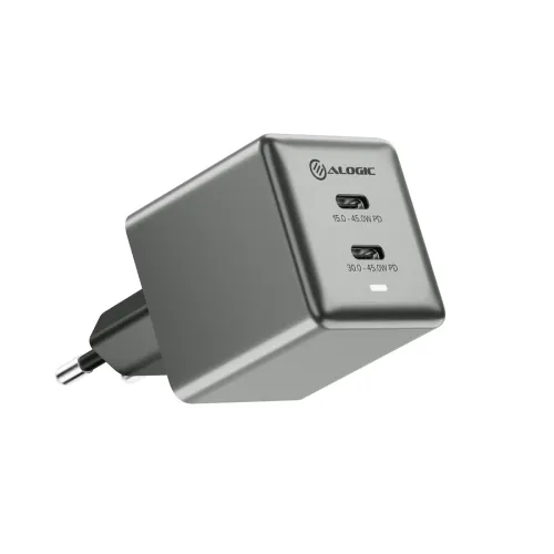 Alogic dubbel USB-C-laddare med två portar, kompakt kubdesign och 45 W Power Delivery för telefoner och surfplattor