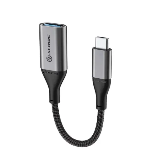 ALOGIC USB‑C till USB‑A adapter med kort flätad kabel, USB‑C hane till USB‑A hona i rymdgrå metall, frilagd på vit bakgrund.