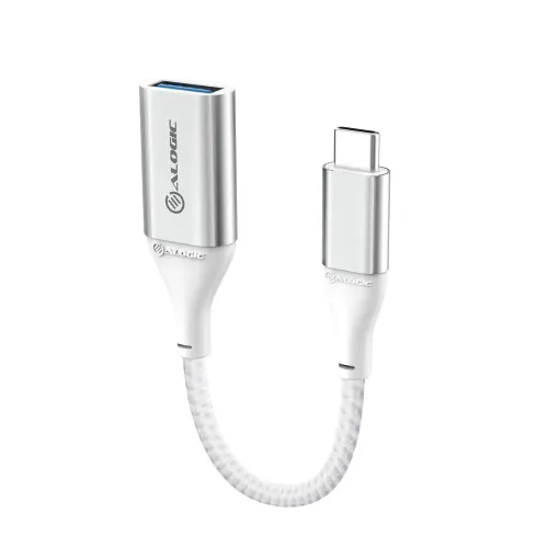 Short braided adapter: USB-C male to USB-A female with silver casing and ALOGIC logo, fully exposed against white background.