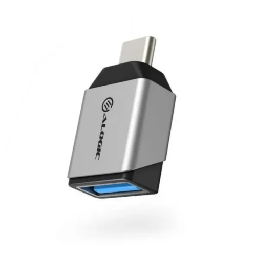 ALOGIC Ultra Mini USB-C til USB-A-adapter i romgrått, kompakt rektangulært hus med USB-C hann og blå USB-A hunn og logo.