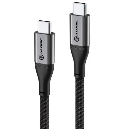ALOGIC Ultra USB-C till USB-C-kabel, rymdgrå, med två USB-C-hanar, metallhöljen med logotyp, svart flätad kabel, böjskydd.