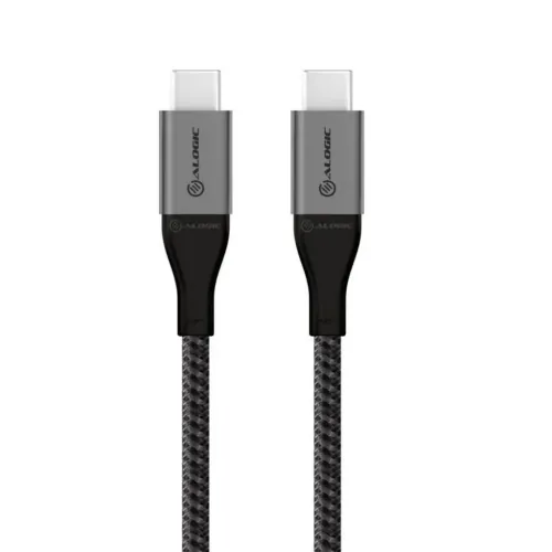ALOGIC Ultra USB-C-auf-USB-C-Kabel mit geflochtenen schwarzen Leitungen und Metallsteckern auf weißem Hintergrund