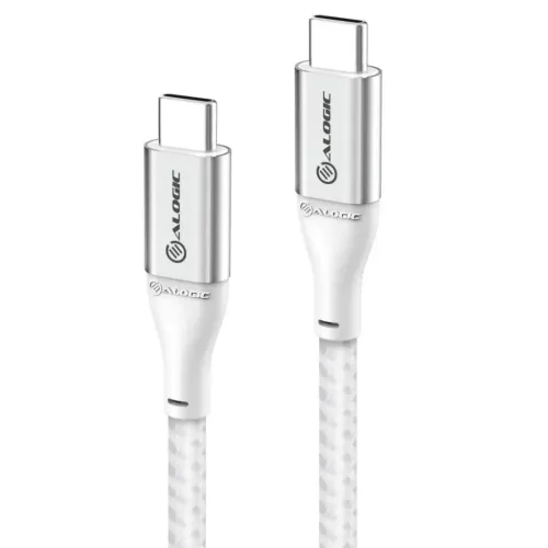 ALOGIC USB-C till USB-C-kabel med två USB-C-hankontakter; silverfärgade metalldelar, vit förstärkning och vit flätad kabel.