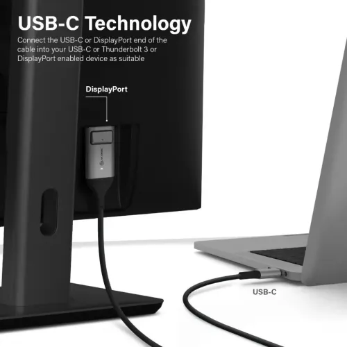 ALOGIC Ultra USB-C till DisplayPort-kabel som förbinder skärmens DisplayPort med en dators USB‑C-port, silvergrå kontakt.