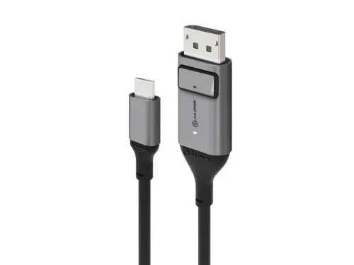USB-C till DisplayPort-kabel i silvergrått med svart kabel, USB-C-kontakt och DP-kontakt med knapp, LED och ALOGIC-logotyp.