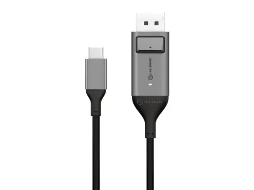 USB‑C till DisplayPort-kabel i silvergrått: USB‑C-kontakt och DisplayPort-kontakt med låsknapp, LED-indikator i metall.