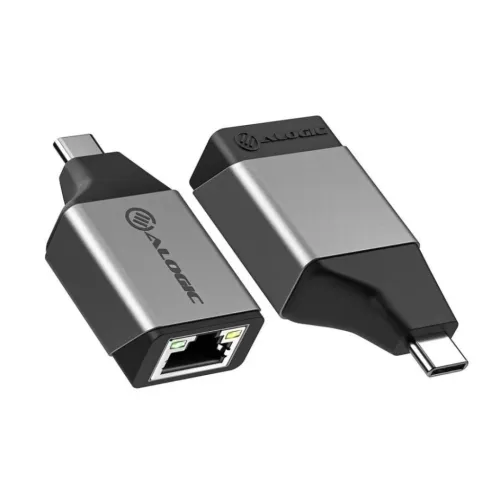 ALOGIC Ultra Mini USB-C till RJ45-adapter i silvergrått, metallhölje; en visar RJ45-port med lysdioder, en USB-C-kontakt.