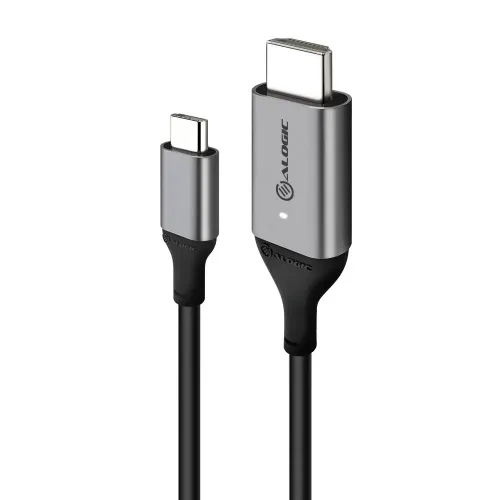 ALOGIC Ultra USB-C til HDMI-kabel i space grey; nærbilde av begge kontaktene, metallhus, svart kabel og hvit LED synlig.
