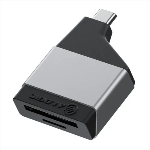 ALOGIC USB-C til SD/microSD-kortleser i grå/svart, med USB-C hann og to kortspor på forsiden i et kompakt, vinklet hus.