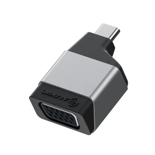 Alogic Ultra Mini USB-C-til-VGA-adapter med USB-C-stik og VGA-port, kompakt design i sort og sølv