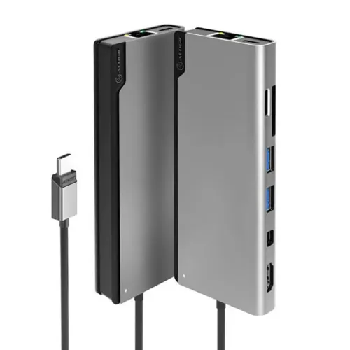 Rymdgrå USB‑C-docka med SD-kortplats, två USB‑A, Mini DisplayPort, HDMI och Ethernet, och kabel med USB‑C/USB‑A-kontakt.