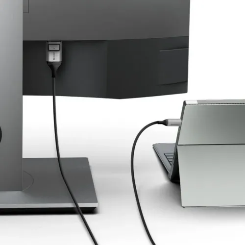 Mini DisplayPort to DisplayPort cable that connects a laptop to a monitor; visible DP and miniDP connectors.