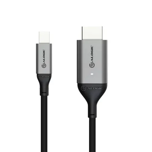 ALOGIC Ultra Mini DisplayPort-til-HDMI-kabel med to stik med logo, rumgrå, på hvid baggrund