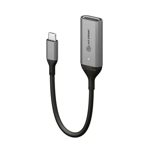 ALOGIC USB-C till DisplayPort-adapter med kort svart kabel, USB‑C hane vänster och DisplayPort hona i grått hölje med LED.