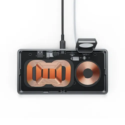 ALOGIC Ultra Power 3-in-1 -langaton latausteline, jossa näkyvät kuparikierukat, USB-C-kaapeli ja Apple Watch -pidike.