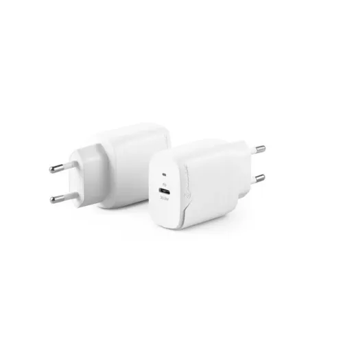 ALOGIC Rapid Power 20W USB‑C‑laddare med EU-kontakt, en port märkt PD 20W och LED, visas i front- och sidovy i vitt, kompakt.