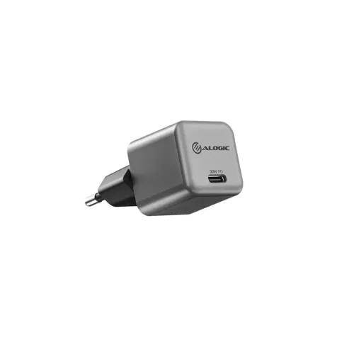 ALOGIC 30W USB-C-seinälaturi, harmaa, kuution muotoinen, EU-pistokkeella ja USB-C-portilla, jossa on merkintä 30W PD, kuvassa viistoprofiili.