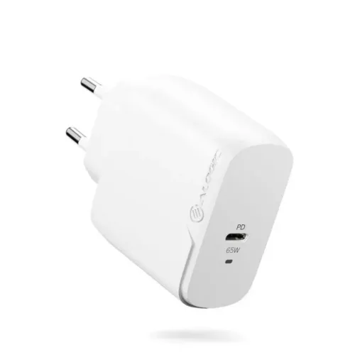 ALOGIC 65W väggladdare i vitt med EU-kontakt, en USB‑C-port märkt PD 65W på fronten och logotyp på sidan i lätt sned vinkel.