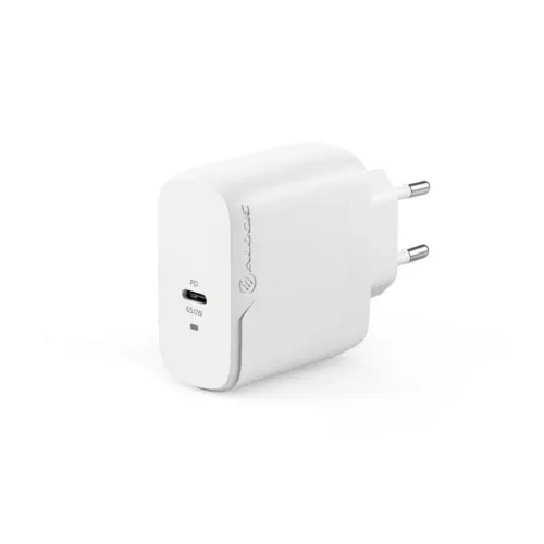 ALOGIC väggladdare i vitt med EU-kontakt, en USB‑C-port märkt PD 65W och liten indikatorlampa, logotypen präglad på sidan.