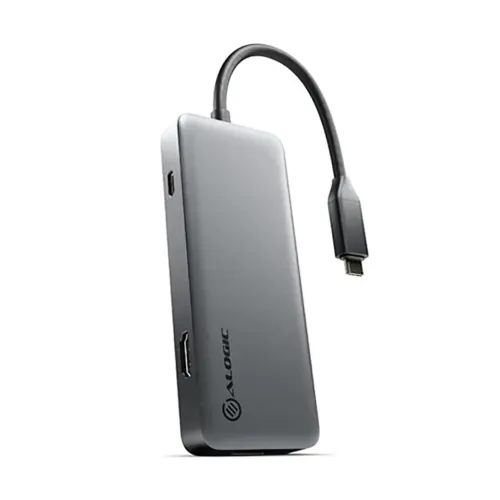 ALOGIC SPARK 6‑i‑1 USB4‑hub i rymdgrått, rektangulär med HDMI‑port och USB‑C‑port samt kort fast integrerad USB‑C‑kabel.