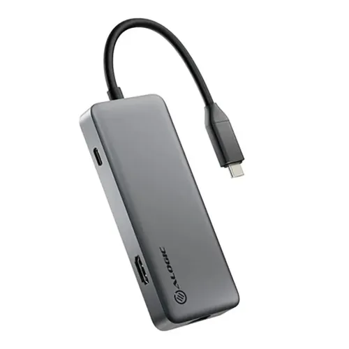 ALOGIC rymdgrå USB-C-hubb med fast kabel och USB-C-kontakt, synlig HDMI-port på långsidan samt en USB-C-port på kortsidan.