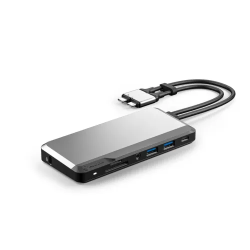 Alogic dobbelt USB-C-superhub med fastmonteret dobbelt USB-C-kabel, USB-A, lydstik og kortslot