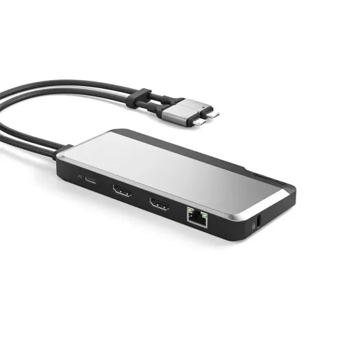 ALOGIC USB-C hub in space gray, slim rectangular, with USB-C PD, two HDMI, Ethernet and locking bracket; two USB-C cables with clamp