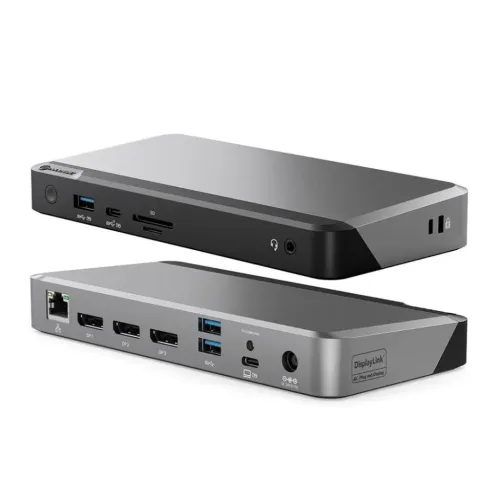 ALOGIC PRIME DX3-dockingstation i to visninger, der viser porte til tre 4K-skærme, Ethernet og USB-tilbehør