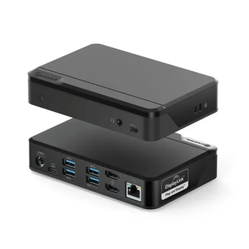 Docking station in black, rectangular; front 3.5 mm audio, USB-C and button, rear power, USB-C, four USB-A, two HDMI and RJ45.