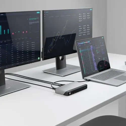 ALOGIC PRIME DX2 stationær dockingstation, sølv, tilsluttet to skærme og bærbar computer, med hovedtelefonstik og USB-A.