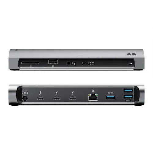 ALOGIC Thunderbolt 4 dokstacija, attēlota no priekšpuses un aizmugures, ar USB-C, USB-A, Ethernet pieslēgvietām un SD karšu slotiem