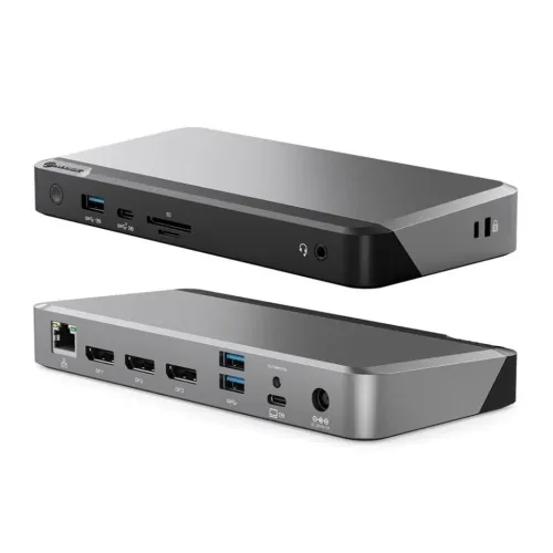 Alogic PRIME MX3 universaldock i spacegrå og sort, vist med flere porte og tilslutninger til tre skærme.