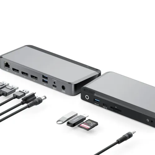 Avaruudenharmaa telakointiasema, jossa on RJ45, kaksi DP-, HDMI-, USB-A-, USB-C- ja ääniyhteyttä takana ja edessä virtakytkin, USB SD/microSD.