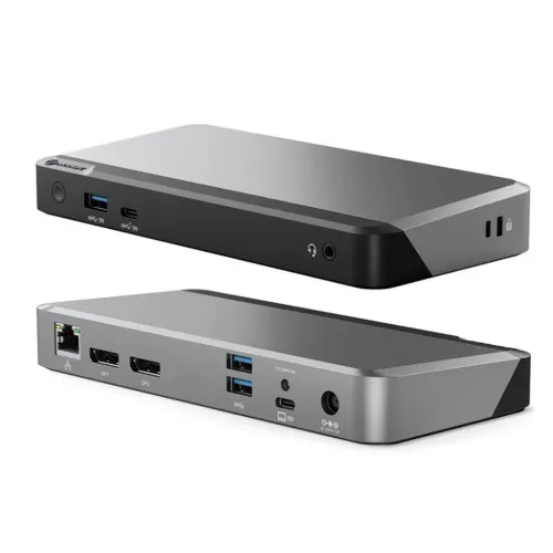 ALOGIC PRIME MX2 dockningsstation i svart/grå med USB-A, USB-C, hörlursuttag, låsspärr, RJ45 Ethernet, två DP och ström.