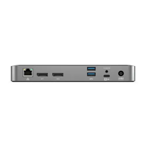 ALOGIC PRIME MX2-docka bakifrån med RJ45, två DisplayPort, två blå USB-A, hörlursuttag, USB‑C till dator och strömingång.