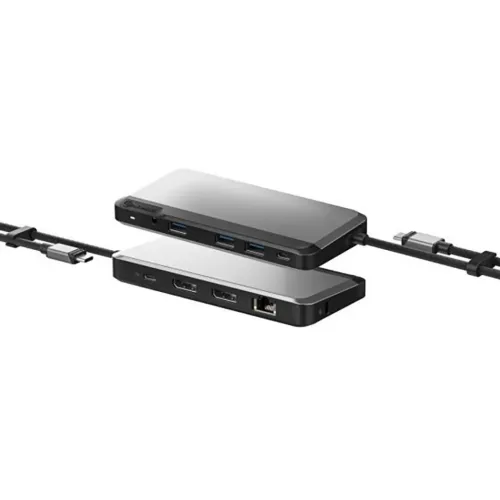 ALOGIC USB‑C-docka MX2 Lite i rymdgrått med tre USB‑A, två DisplayPort, Ethernet, två USB‑C, 3,5 mm och ansluten USB‑C‑kabel.