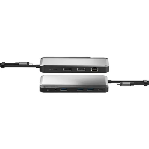 USB-C-dock MX2 Lite i rymdgrått med två DisplayPort, Ethernet, tre USB‑A, ljuduttag och fast USB‑C‑kabel, visad fram/bak.