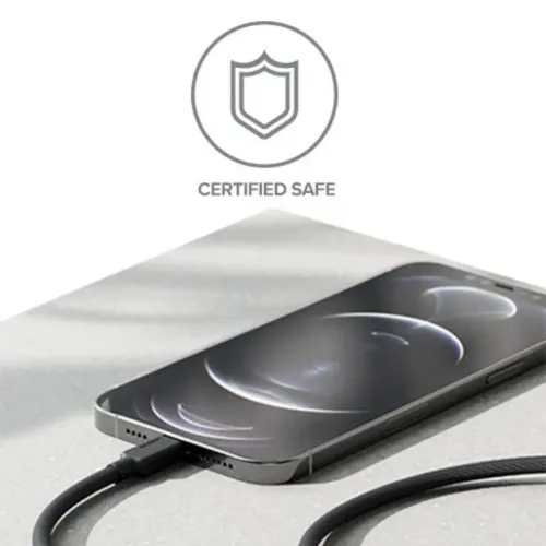ALOGIC USB-C-till-Lightning-laddningskabel ansluten till en smarttelefon, med ikonen Certifierad säkerhet ovanför