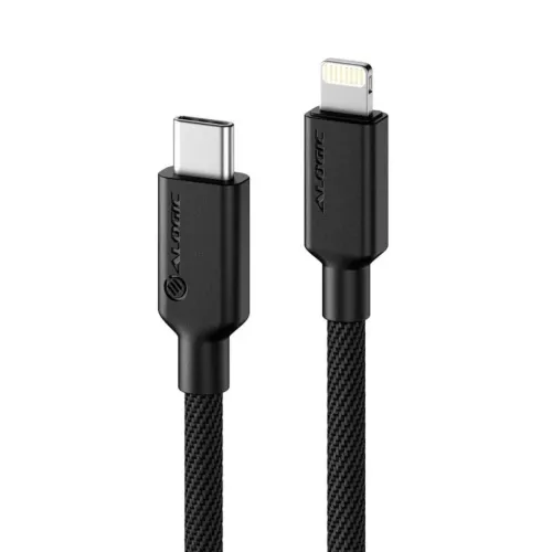 ALOGIC Elements PRO USB-C to Lightning cable in black, braided, with USB-C and Lightning connectors side by side in close-up