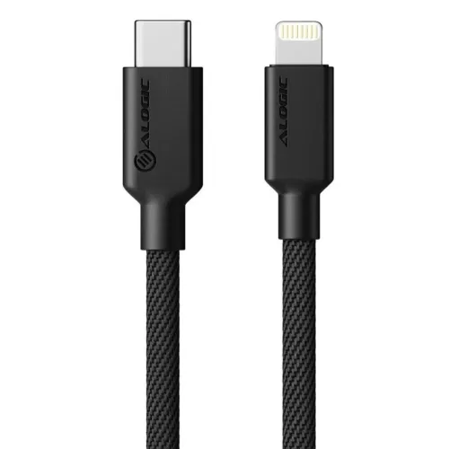 The ALOGIC Elements PRO USB-C to Lightning cable, braided, shows USB-C and Lightning connectors straight ahead against a white background.