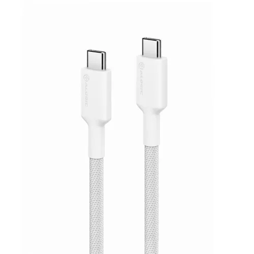 ALOGIC hvit USB-C til USB-C-kabel med to USB-C-kontakter (hann), flettet kabelkappe og rette kontakter, mot en hvit bakgrunn.