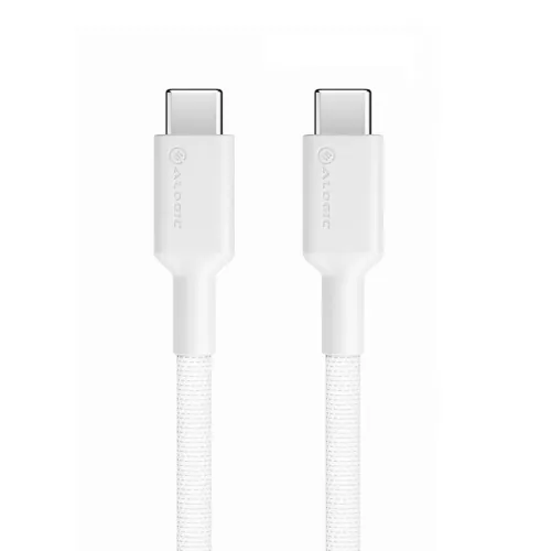 USB-C til USB-C-kabel i hvitt med to USB-C-hankontakter, flettet kabel og forsterkede strekkavlastninger, mot en hvit bakgrunn.