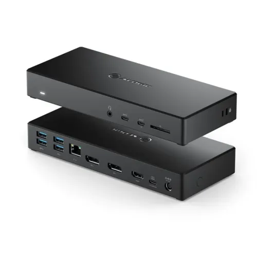 ALOGIC dokkingstasjon i svart, med porter: USB-A, USB-C, DP, HDMI, Ethernet, SD-kort, lyd og strøm; foran og bak.