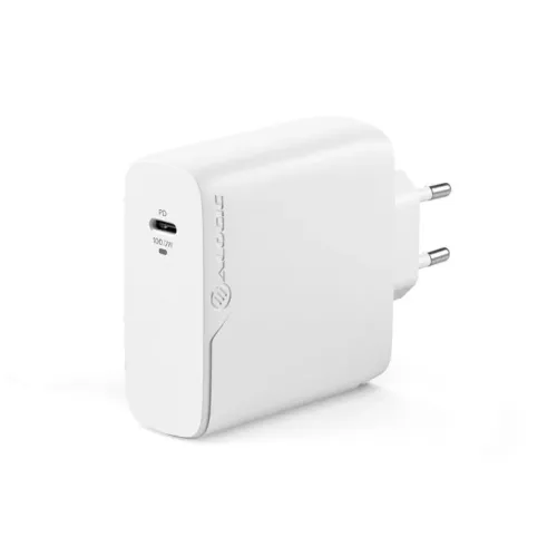 Valkoinen seinälaturi, jossa on EU-pistoke, sileä suorakulmainen muoto, yksi USB-C PD-portti, jonka etupuolella on merkintä 100W ja sivulla ALOGIC-logo.