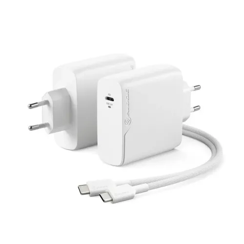 Valkoinen ALOGIC-seinälaturi EU-pistokkeella, yksi USB-C-portti, jossa on merkintä PD 100W, kuvassa kahdessa kulmassa, jossa on punottu USB-C-USB-C-kaapeli.