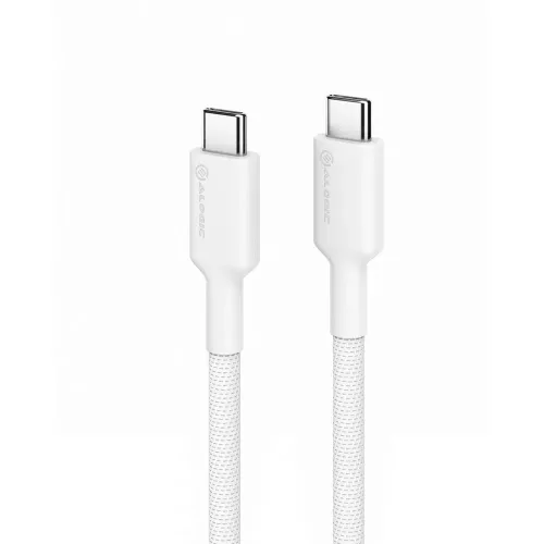 ALOGIC Elements PRO USB-C į USB-C laidas su dviem baltomis jungtimis, tiesiu profiliu ir baltu pintu kabeliu, pavaizduotas baltame fone.